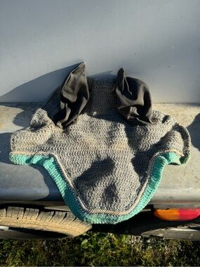 Handmade Gray/Teal Crochet Ear Fly Bonnet with Mint Trim and Jewels